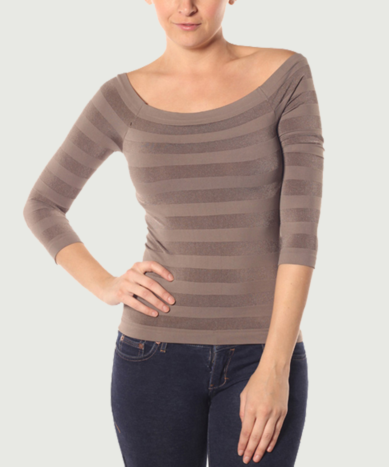 Striped Boat Neck Seamless 3/4 Sleeve Top