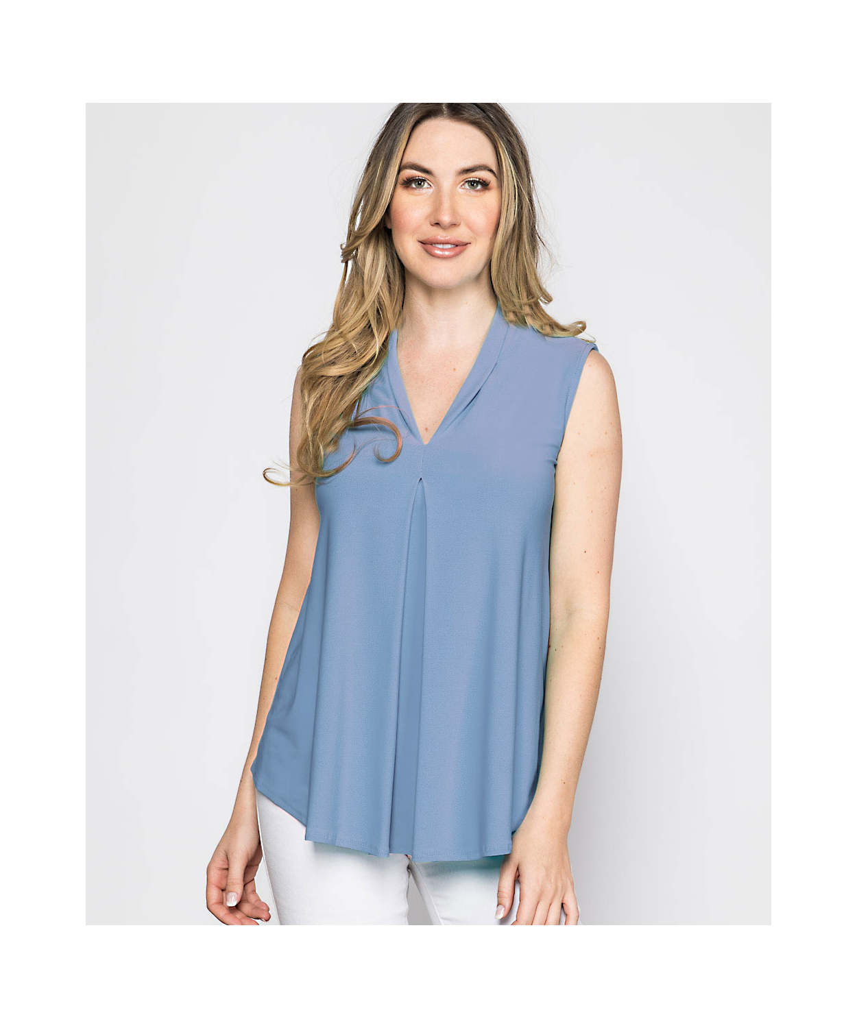 V-Neck Sleeveless Blouse Top with Front Pleat