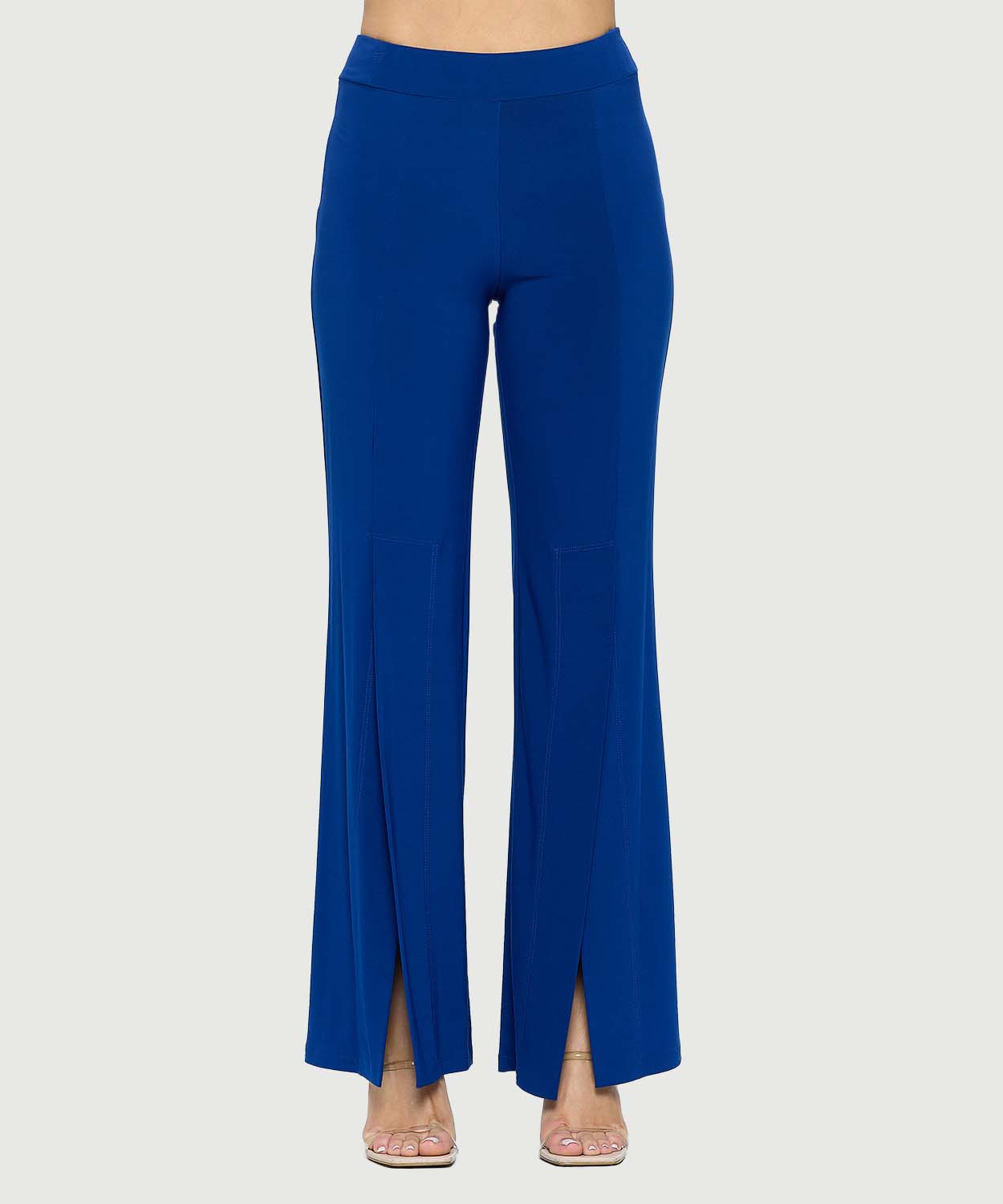 Wide Leg Pants with Side Slit and Elastic Waistband - Blue