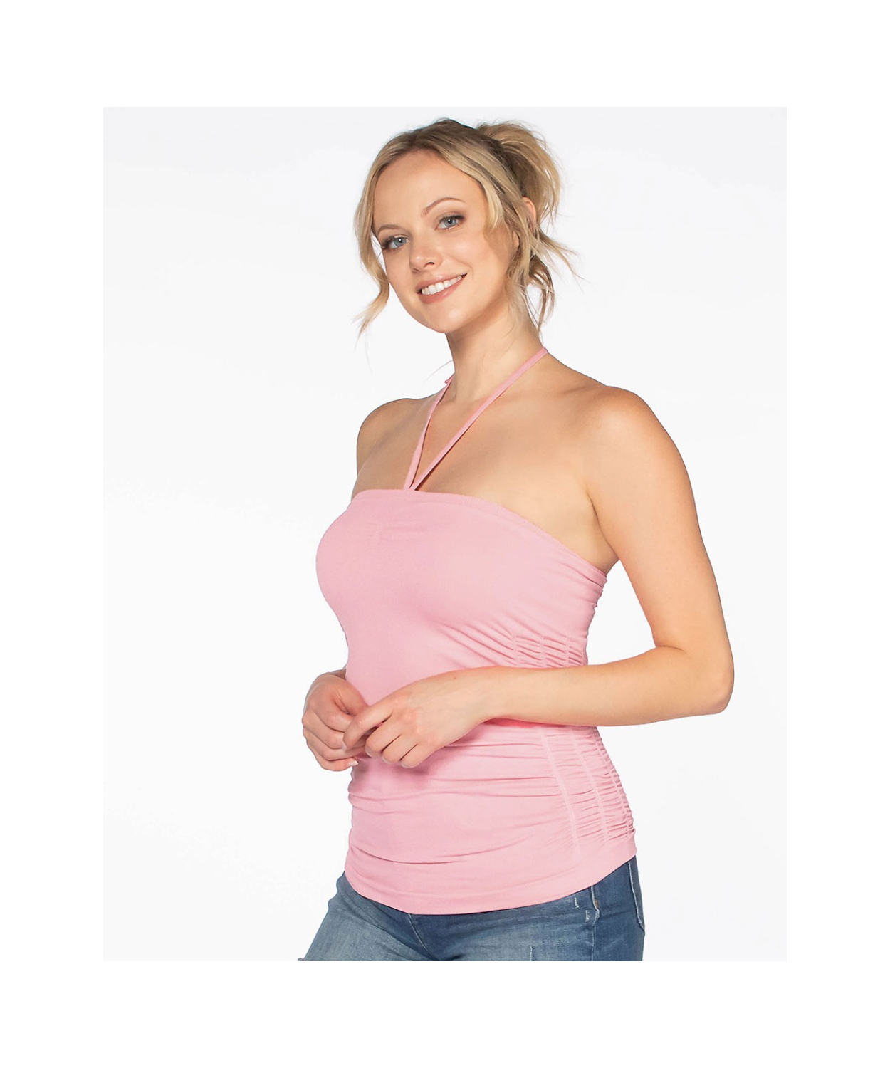 Ruched Seamless Tube Top With Tie Details