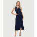 Sleeveless Midi A-Line Surplice Dress W/ Tulip Hem & Tie Waist